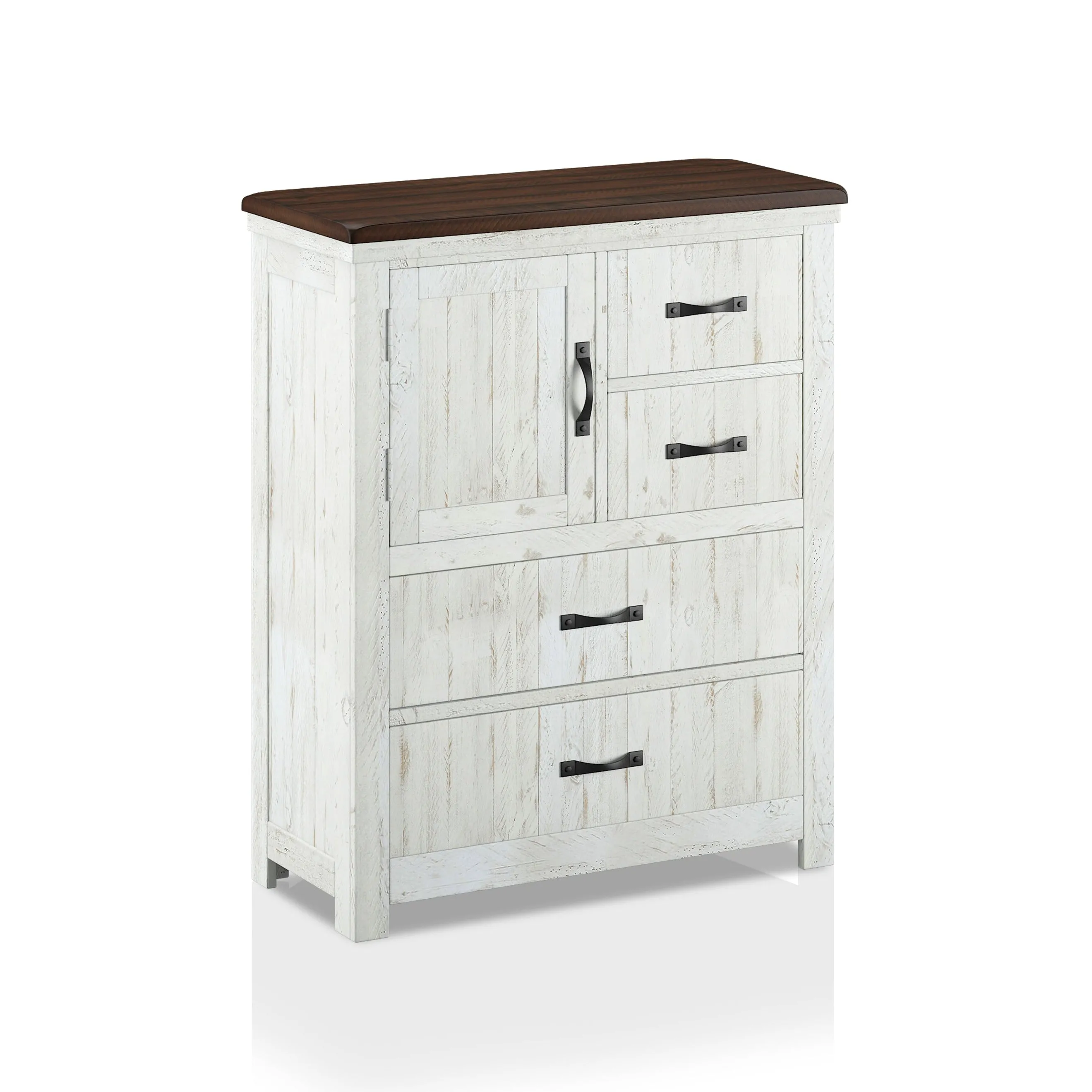 Marquam Farmhouse Distressed White and Walnut 4-drawer Tall Dresser