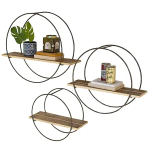 Metal Circle Floating Wood Wall Shelf Set