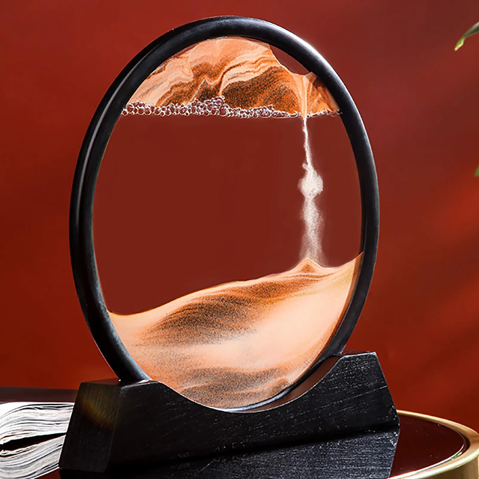 Moving Sand Art Flowing Sand Painting 3D Natural Landscape Dynamic Sand Painting,Round Glass Sea Sand Painting Artistic Sandscape for Home Ornament Desktop Art Bookshelves Decoration(Yellow,7 Inches)