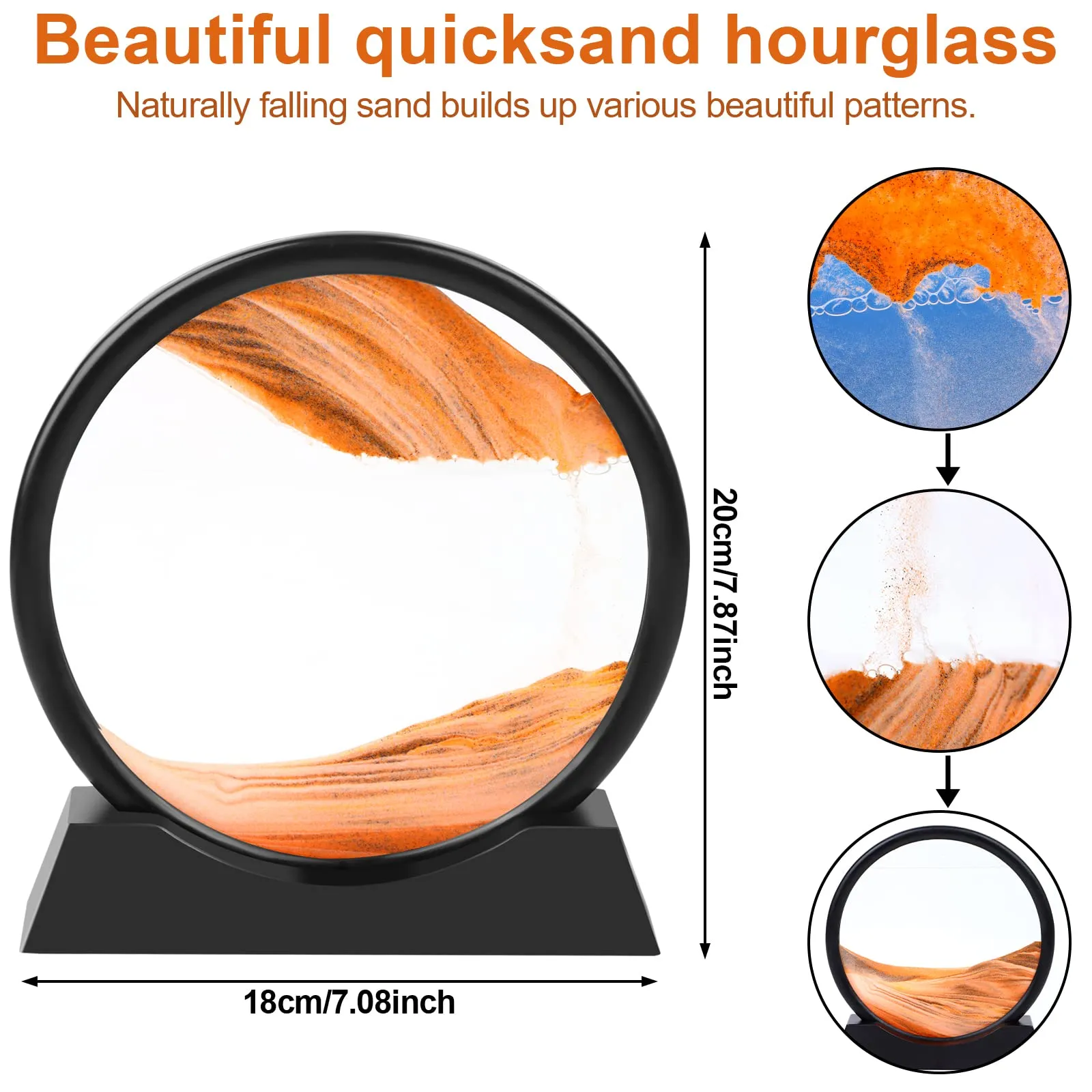 Moving Sand Art Flowing Sand Painting 3D Natural Landscape Dynamic Sand Painting,Round Glass Sea Sand Painting Artistic Sandscape for Home Ornament Desktop Art Bookshelves Decoration(Yellow,7 Inches)