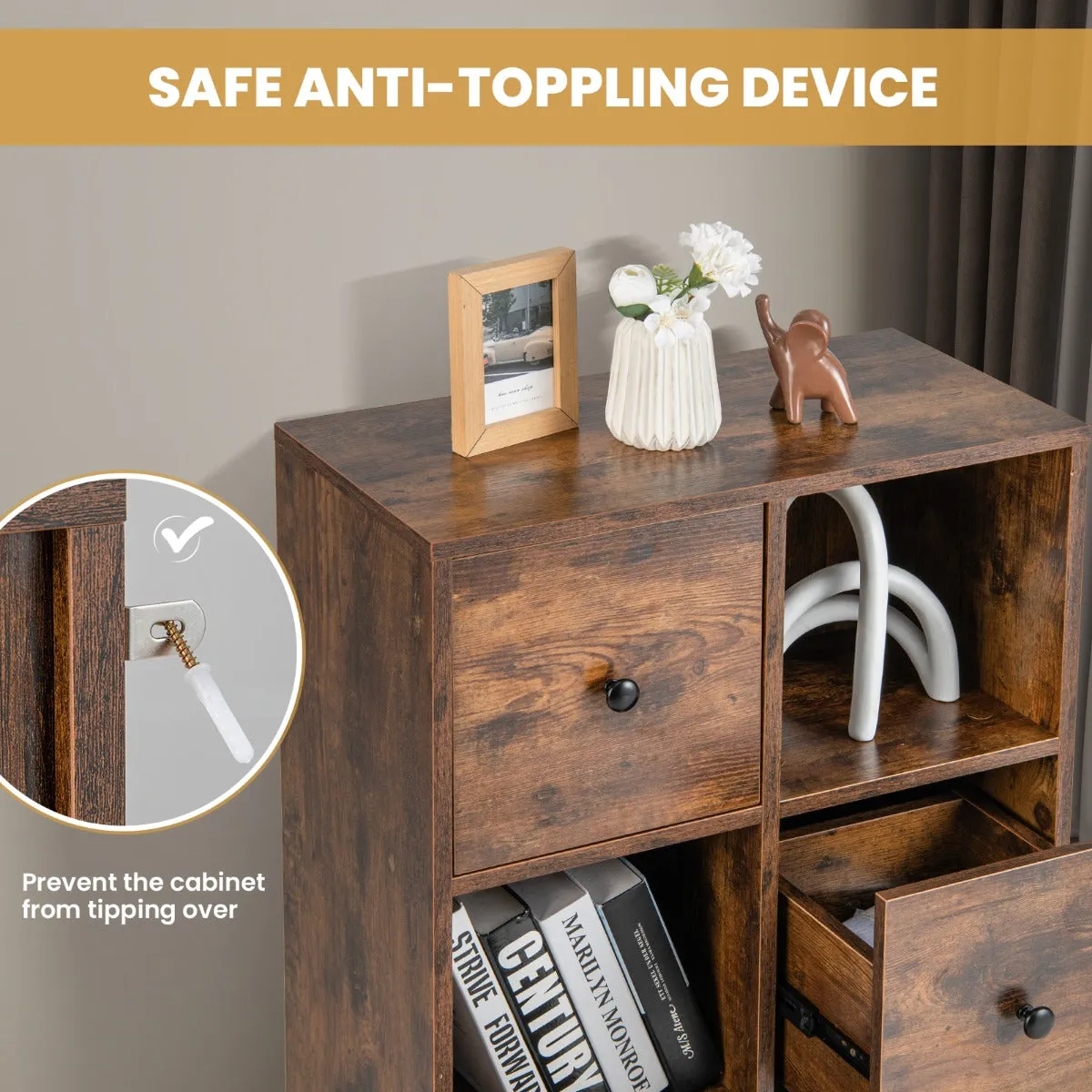 NNECW 3-Tier Bookshelf with 3 Cubes &amp 3 Drawers for Office-Coffee