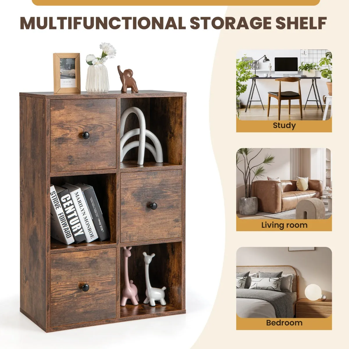 NNECW 3-Tier Bookshelf with 3 Cubes &amp 3 Drawers for Office-Coffee