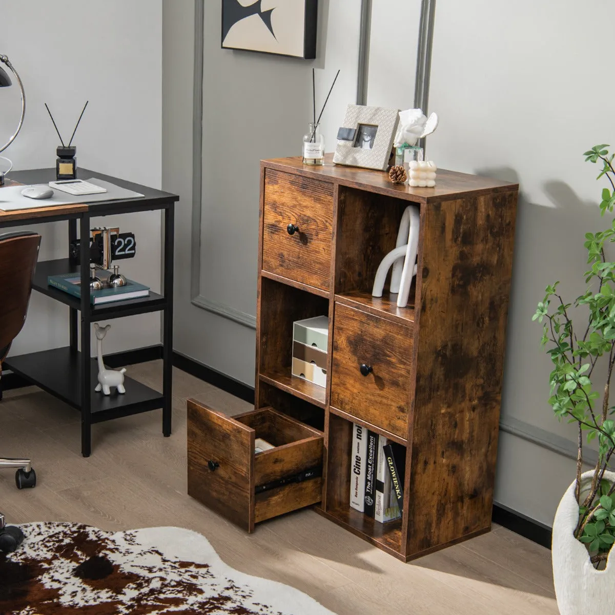 NNECW 3-Tier Bookshelf with 3 Cubes &amp 3 Drawers for Office-Coffee