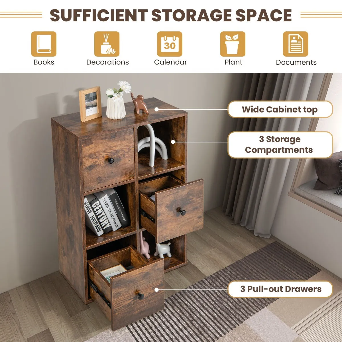 NNECW 3-Tier Bookshelf with 3 Cubes &amp 3 Drawers for Office-Coffee