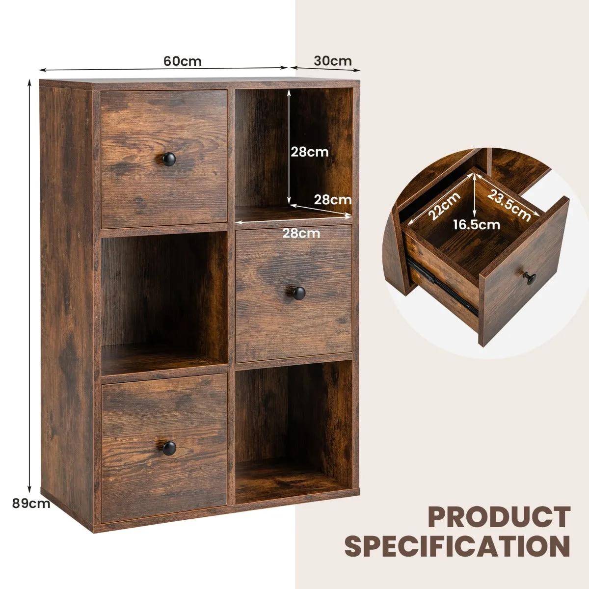 NNECW 3-Tier Bookshelf with 3 Cubes &amp 3 Drawers for Office-Coffee
