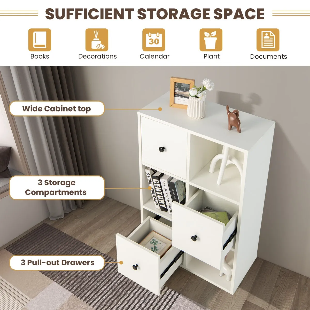 NNECW 3-Tier Bookshelf with 3 Cubes &amp 3 Drawers for Office-White