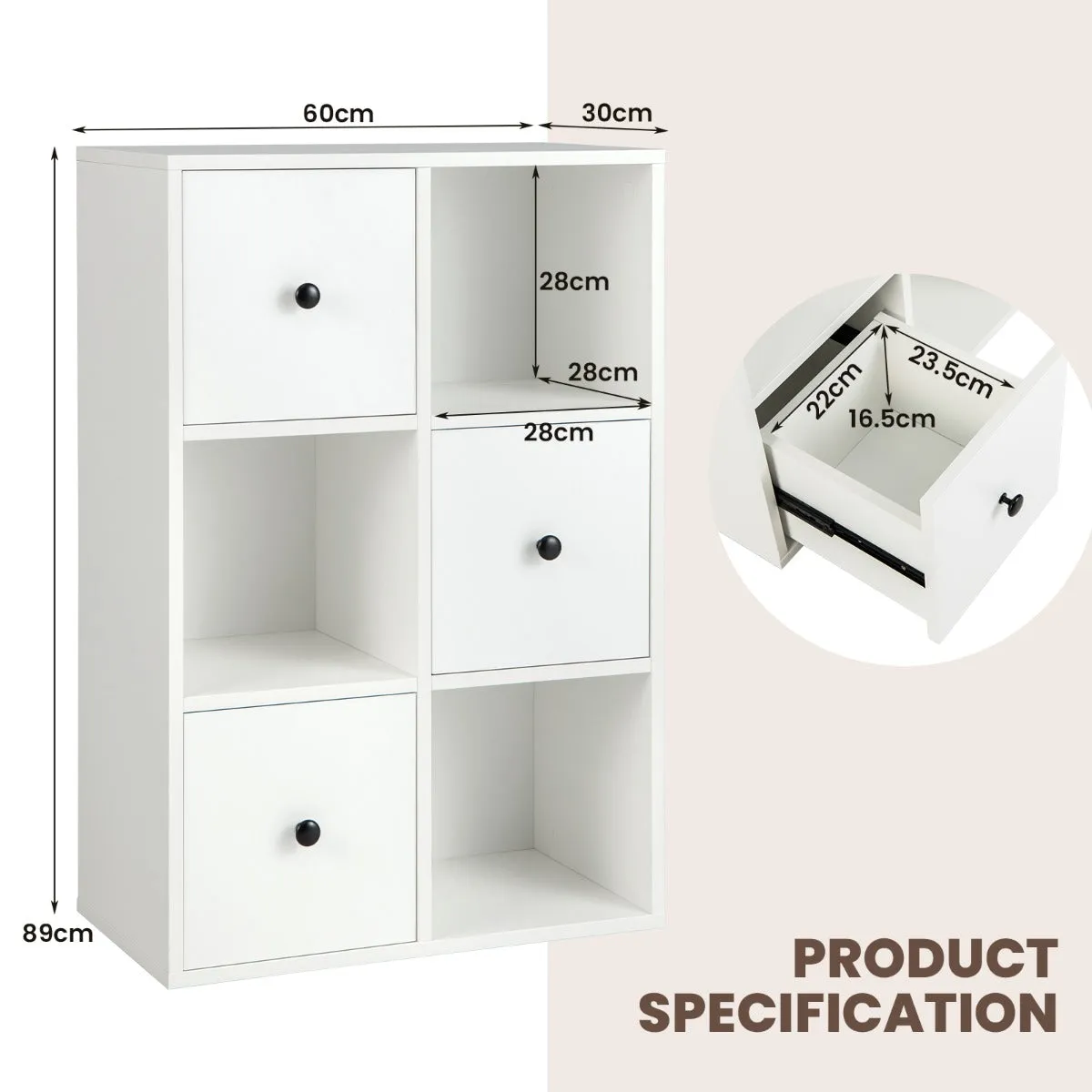 NNECW 3-Tier Bookshelf with 3 Cubes &amp 3 Drawers for Office-White