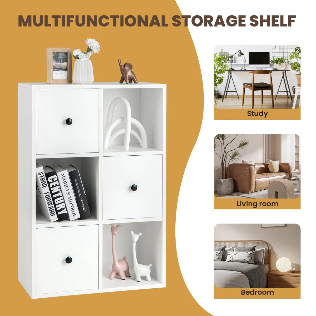 NNECW 3-Tier Bookshelf with 3 Cubes &amp 3 Drawers for Office-White