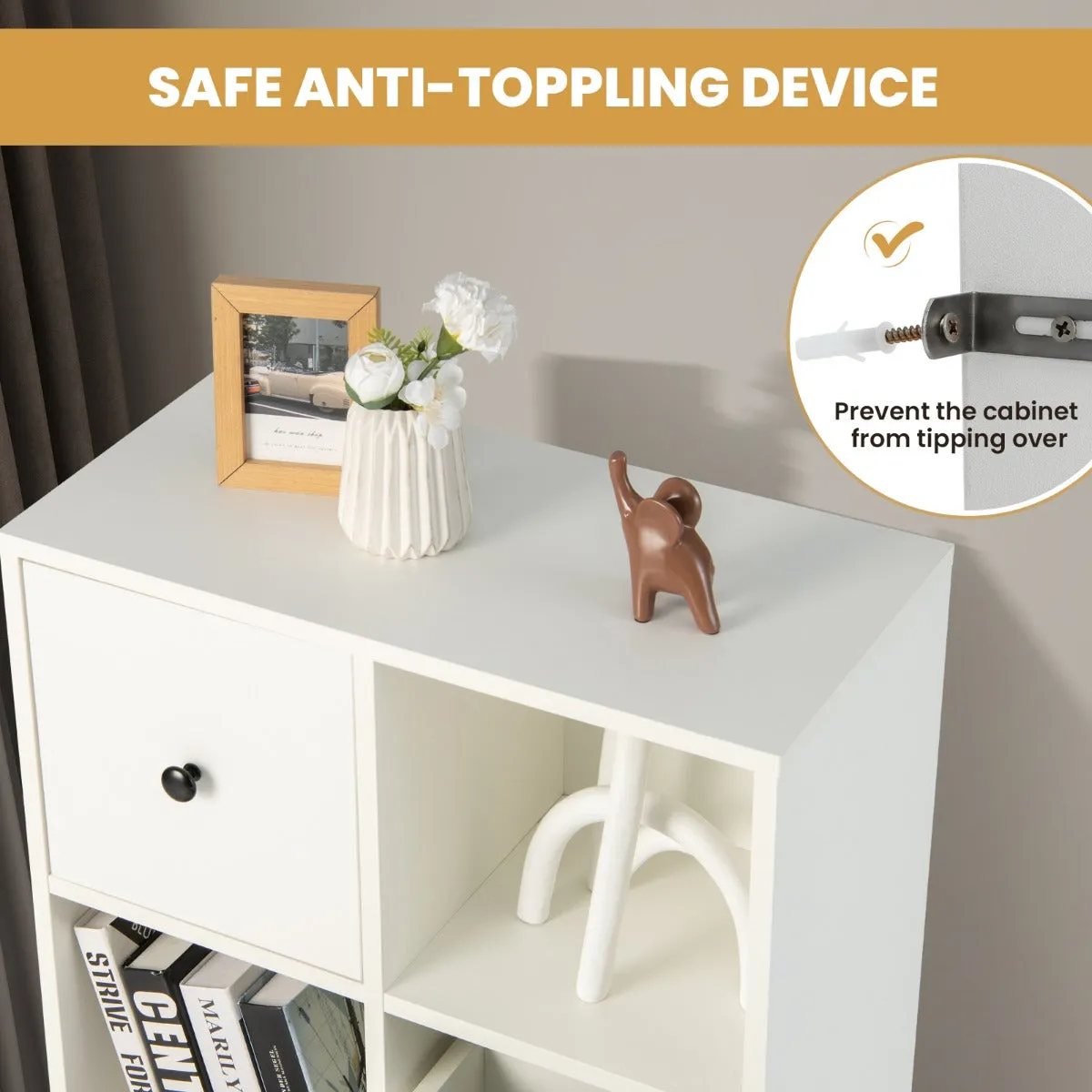 NNECW 3-Tier Bookshelf with 3 Cubes &amp 3 Drawers for Office-White