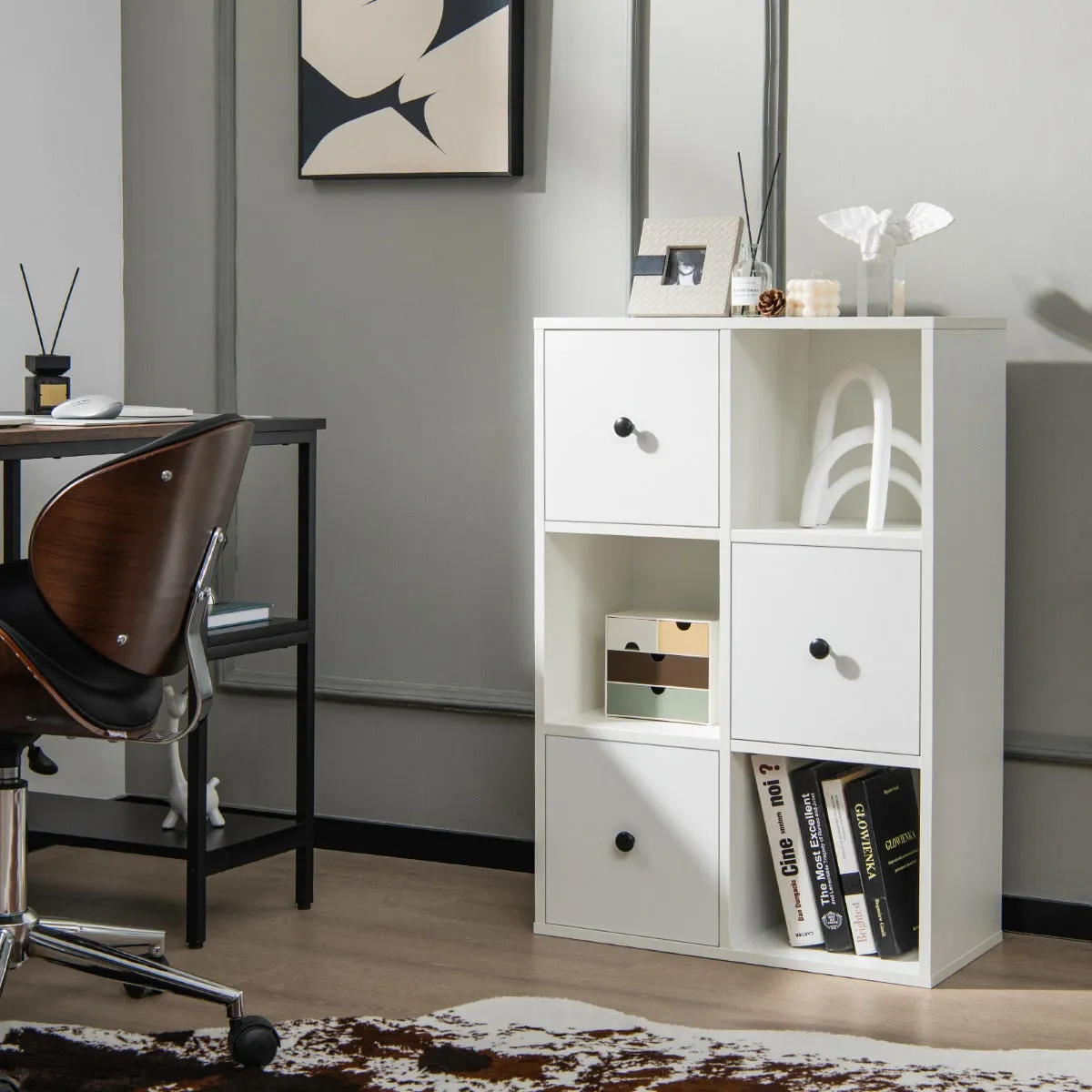 NNECW 3-Tier Bookshelf with 3 Cubes &amp 3 Drawers for Office-White