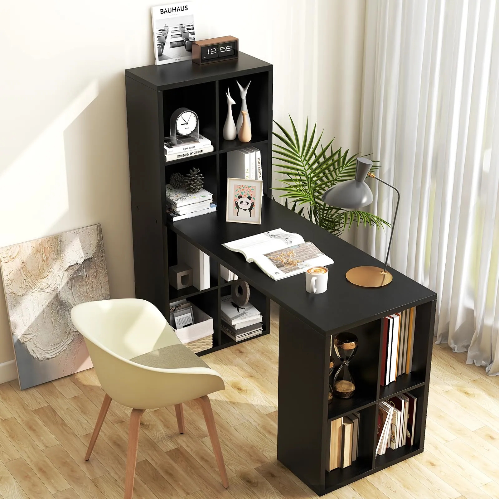 Tangkula Computer Desk with Bookshelf, Space Saving Computer Desk with 12 Shelves