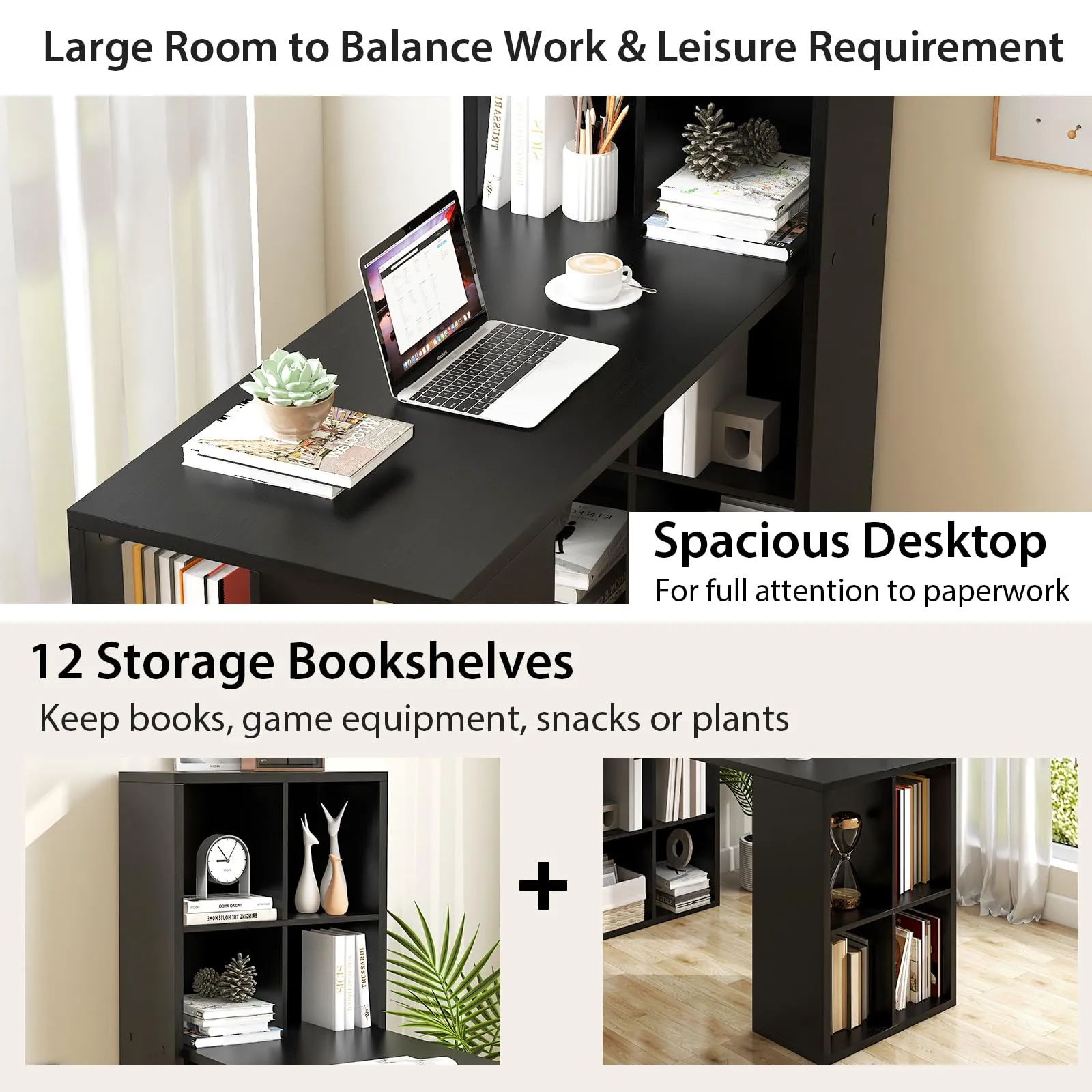Tangkula Computer Desk with Bookshelf, Space Saving Computer Desk with 12 Shelves