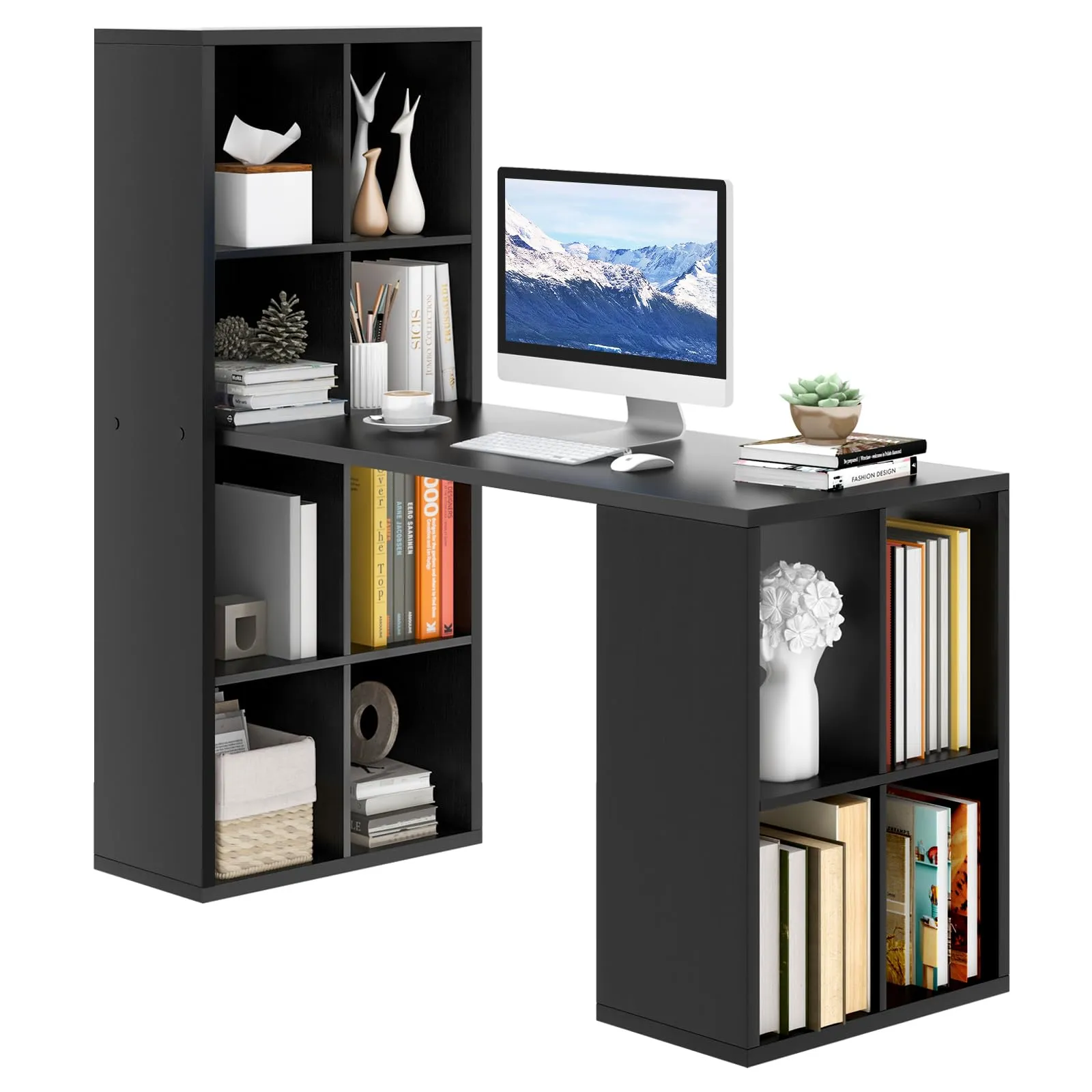 Tangkula Computer Desk with Bookshelf, Space Saving Computer Desk with 12 Shelves