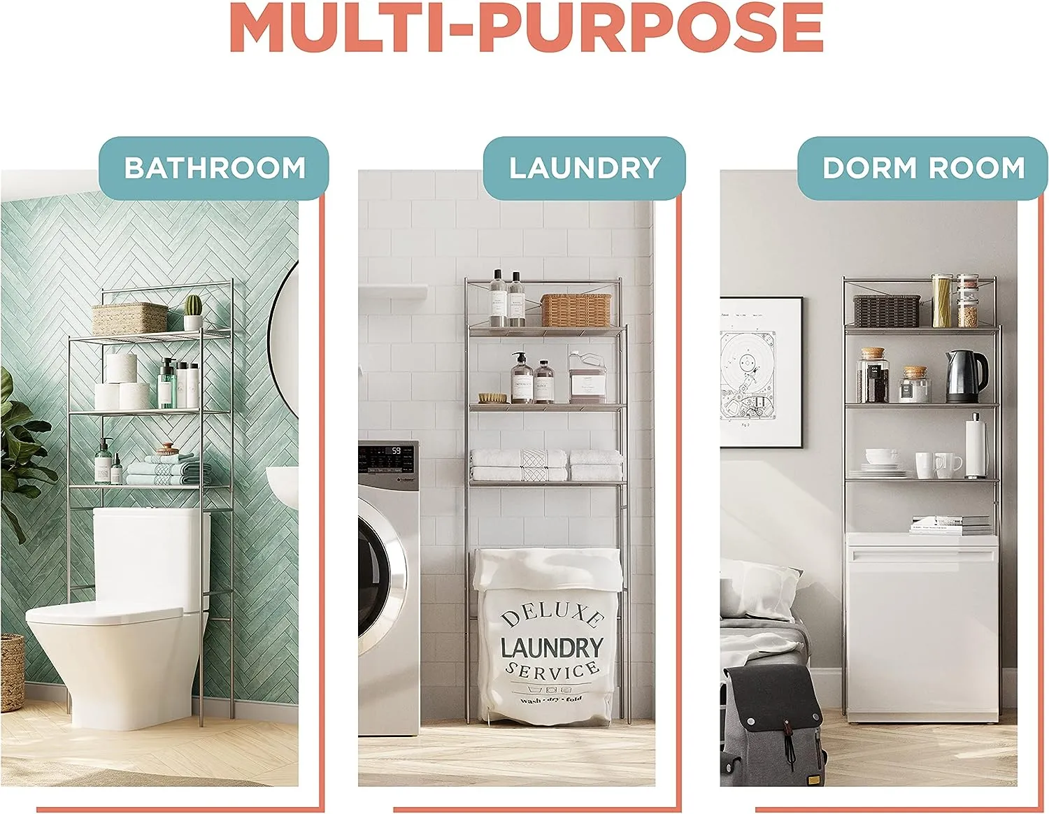 Toilet Storage, Metal Bathroom Spacesaver with 3 Shelves,Easy Assembly, 23.25 x 64.7"