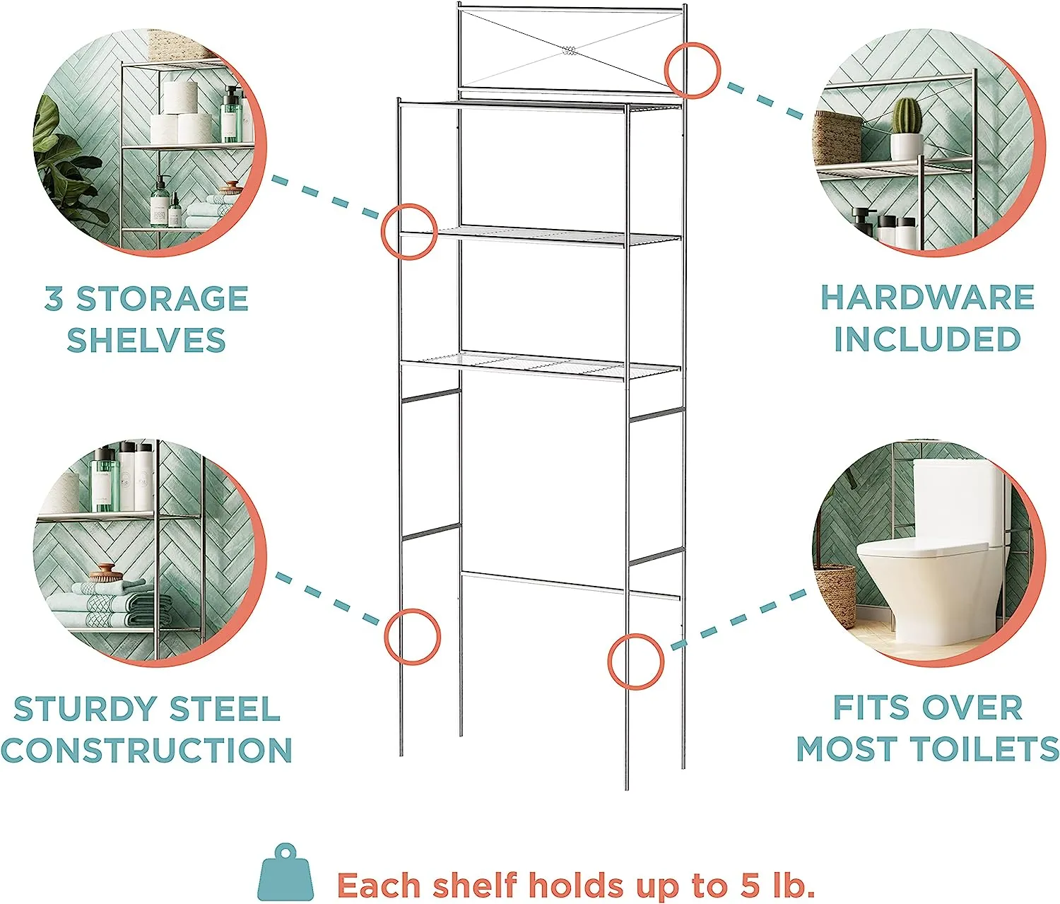 Toilet Storage, Metal Bathroom Spacesaver with 3 Shelves,Easy Assembly, 23.25 x 64.7"