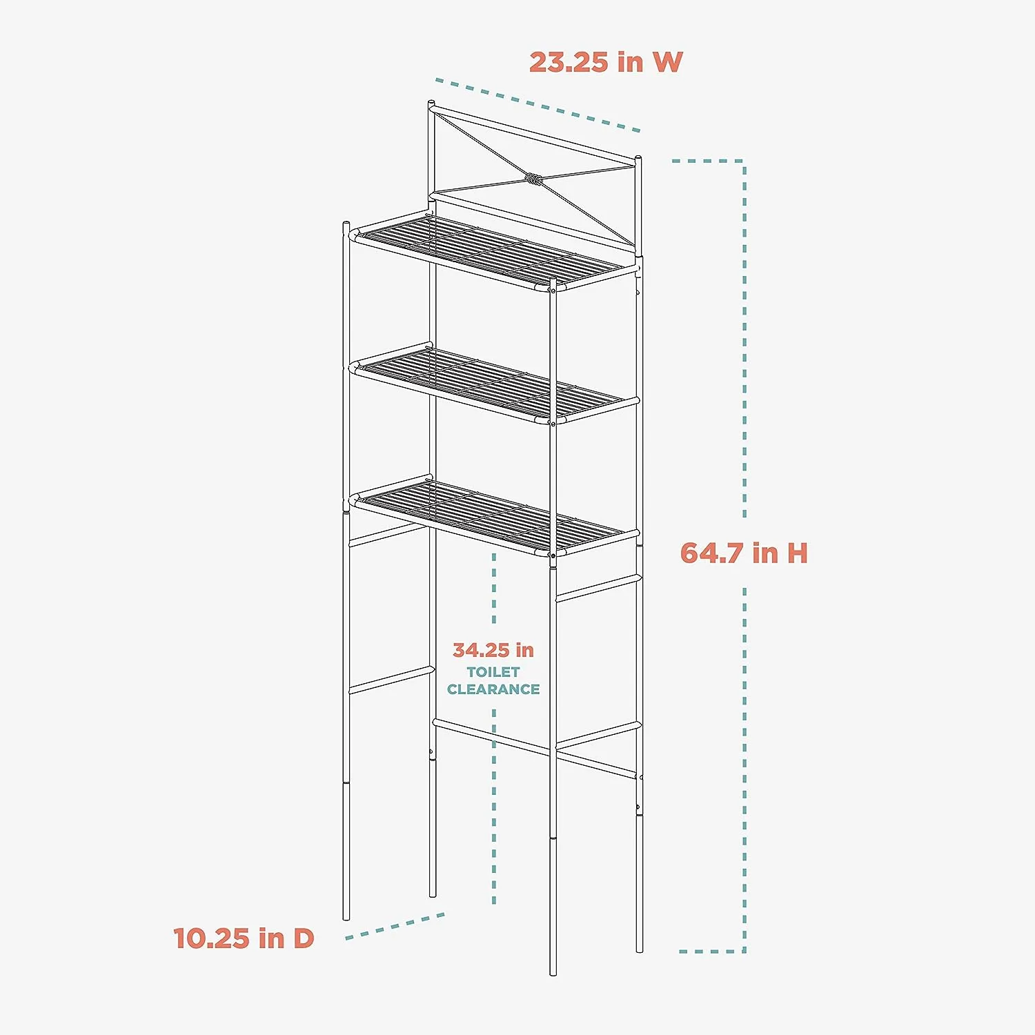 Toilet Storage, Metal Bathroom Spacesaver with 3 Shelves,Easy Assembly, 23.25 x 64.7"