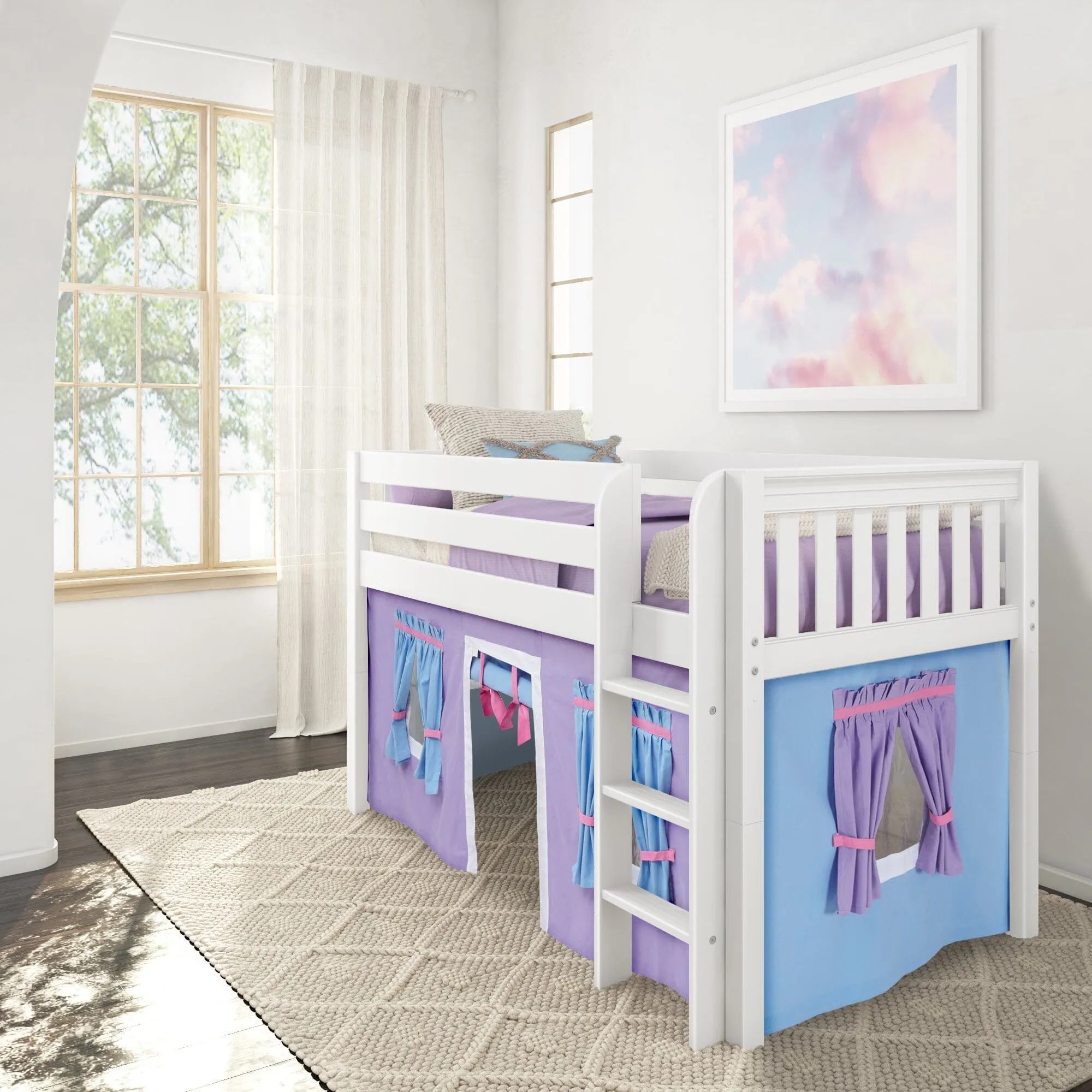Twin Low Loft Bed with Straight Ladder and Underbed Curtain