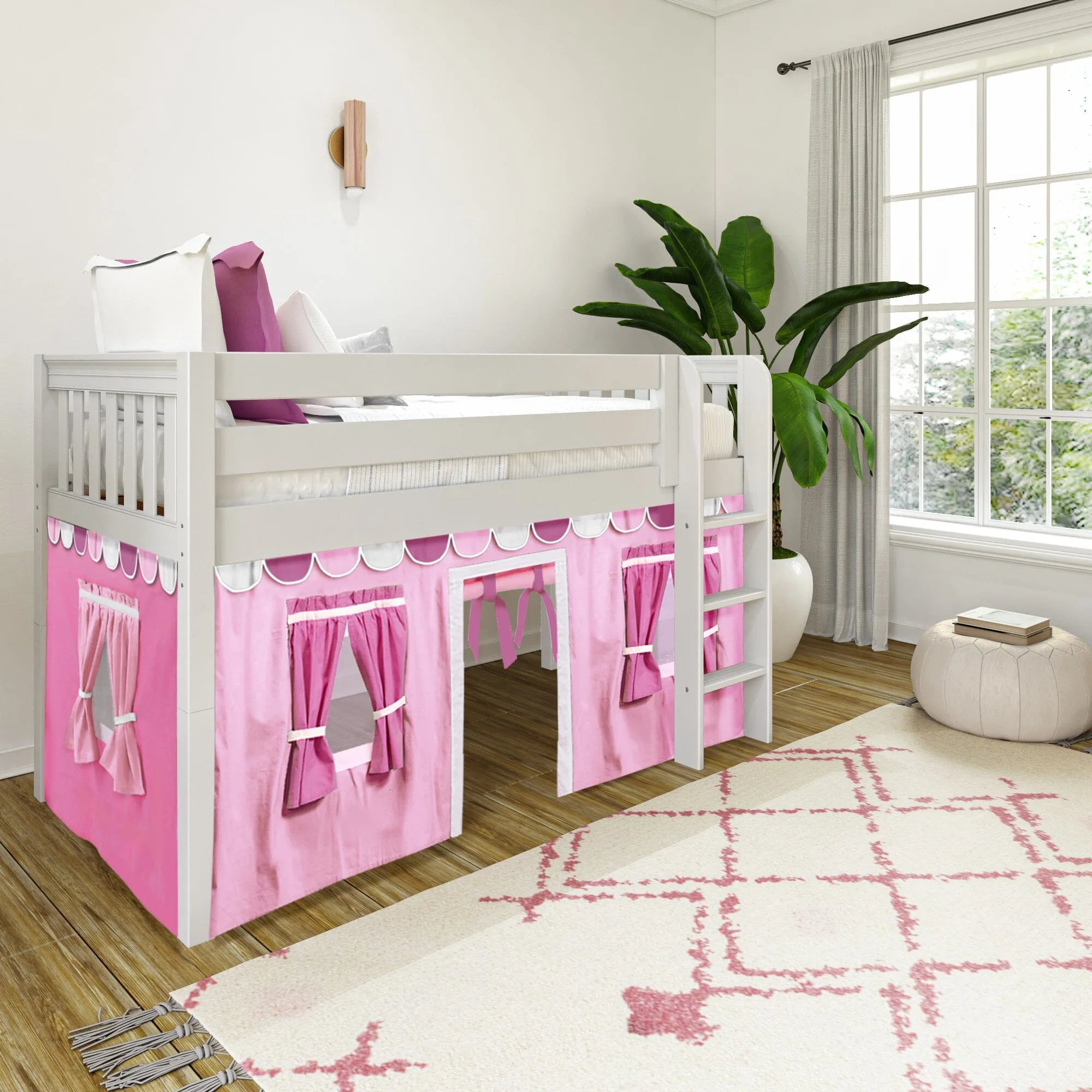 Twin Low Loft Bed with Straight Ladder and Underbed Curtain
