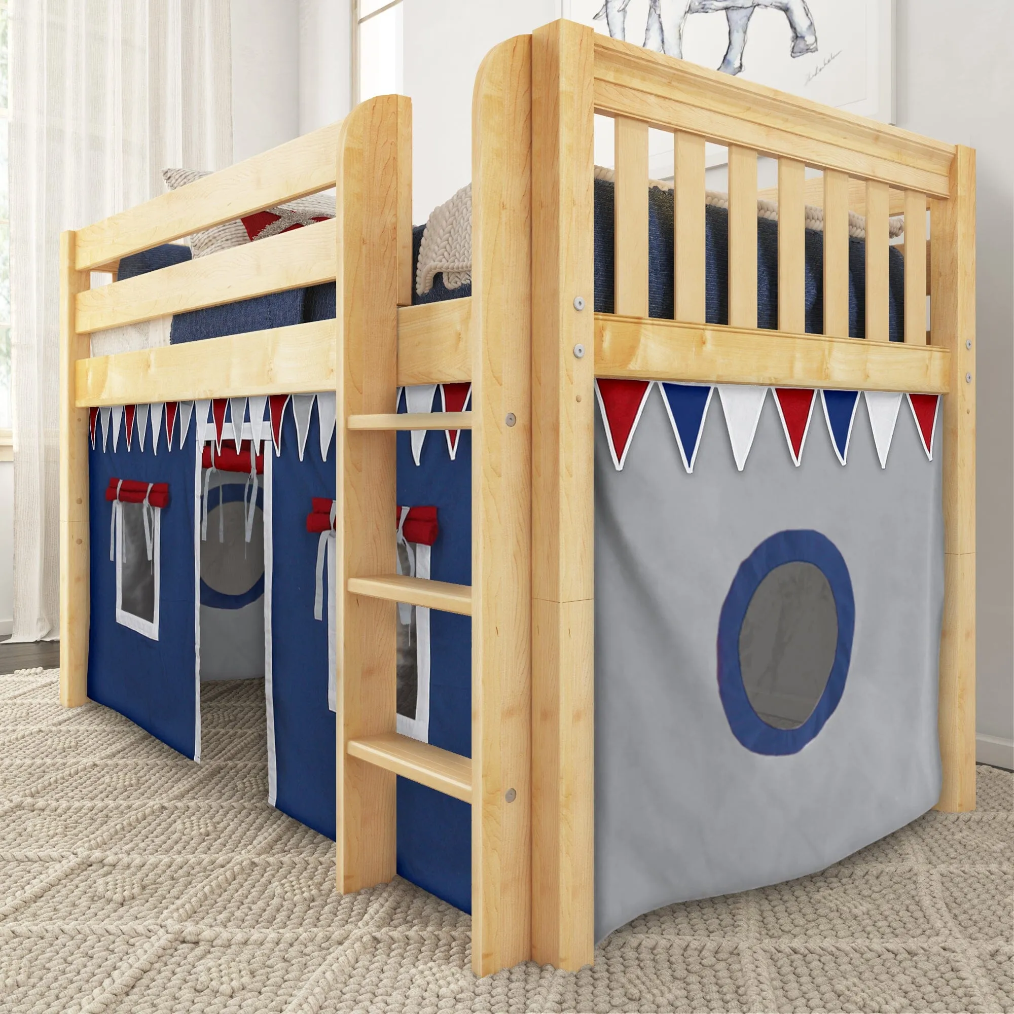Twin Low Loft Bed with Straight Ladder and Underbed Curtain