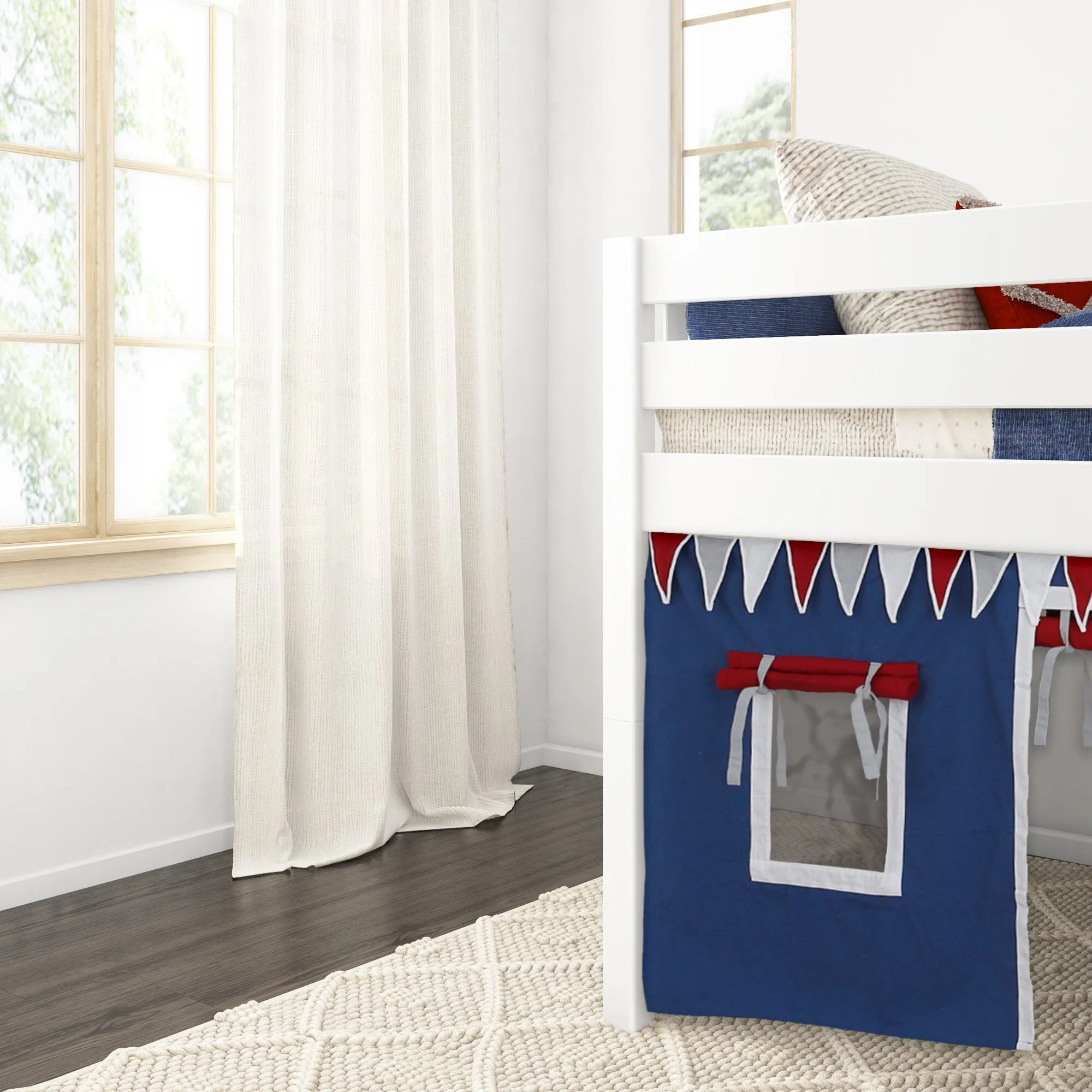 Twin Low Loft Bed with Straight Ladder and Underbed Curtain
