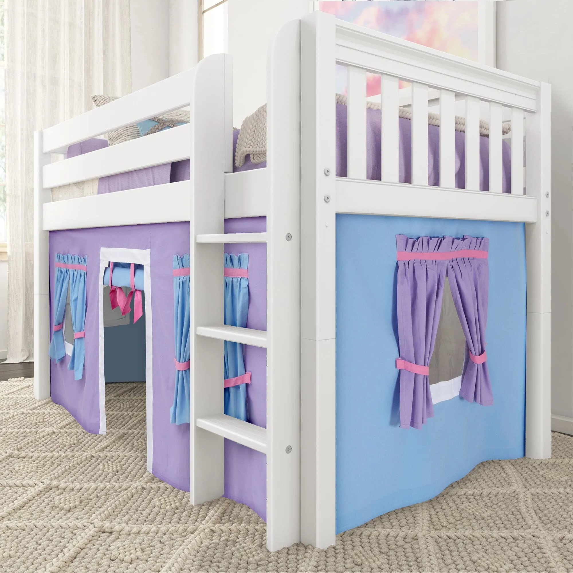 Twin Low Loft Bed with Straight Ladder and Underbed Curtain