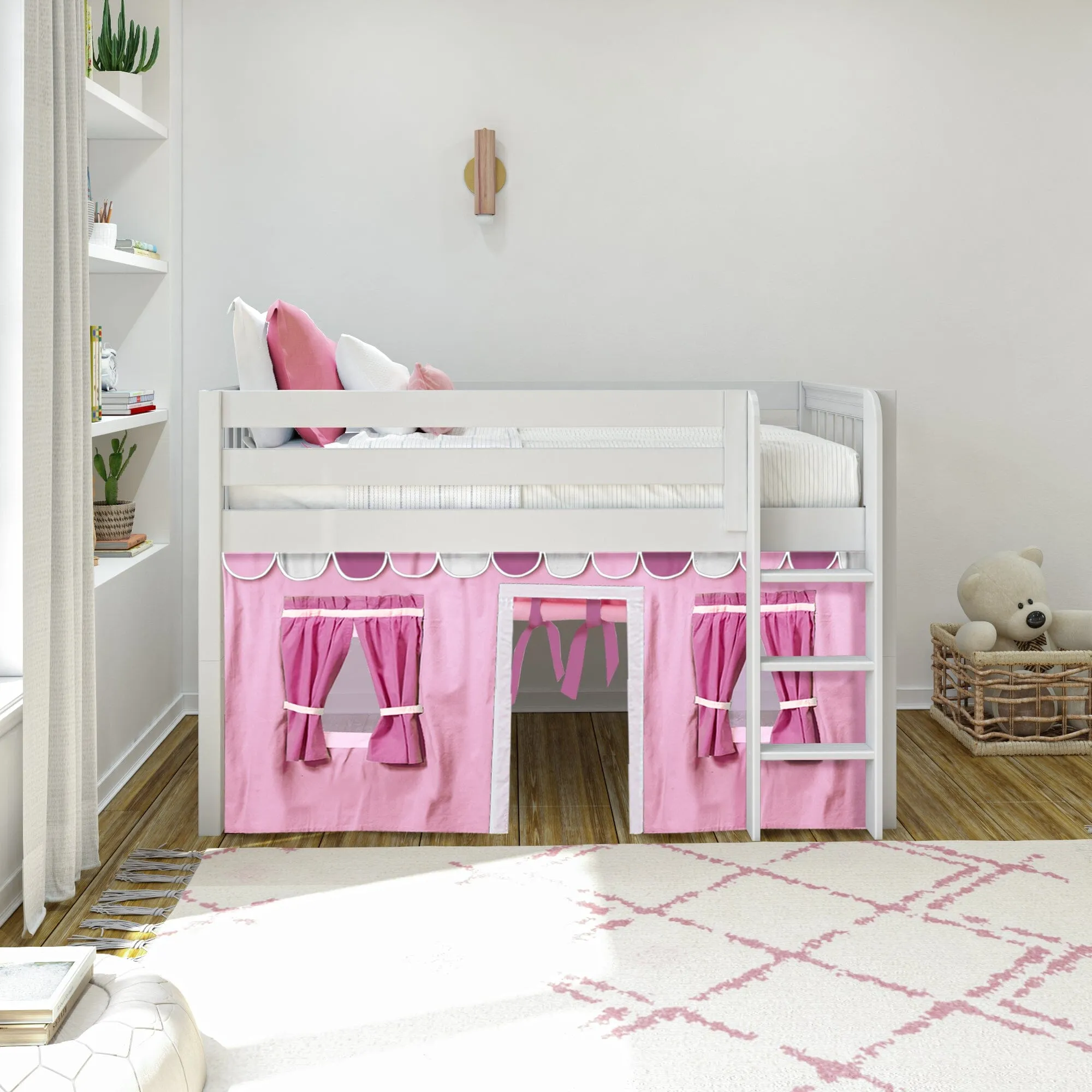 Twin Low Loft Bed with Straight Ladder and Underbed Curtain