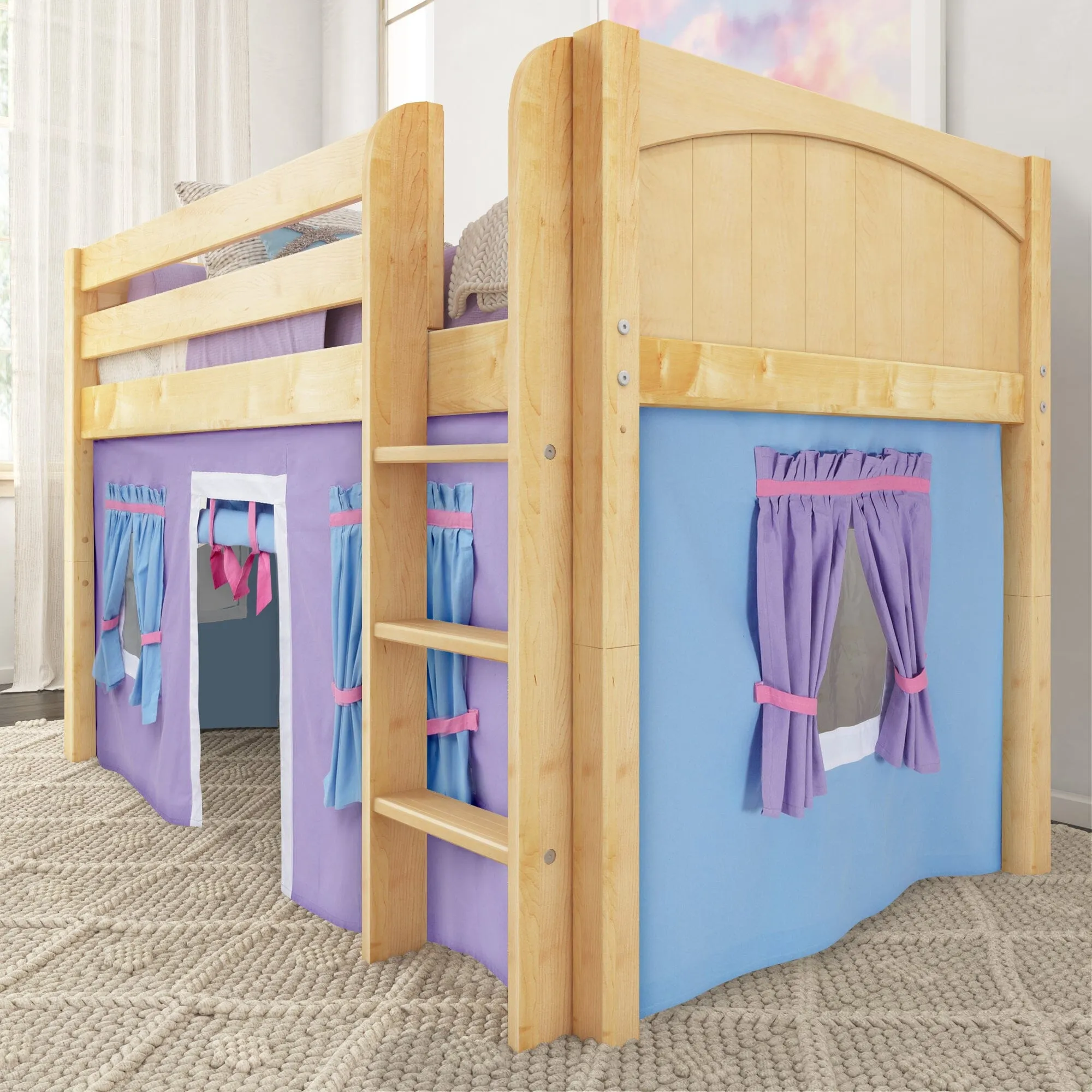 Twin Low Loft Bed with Straight Ladder and Underbed Curtain