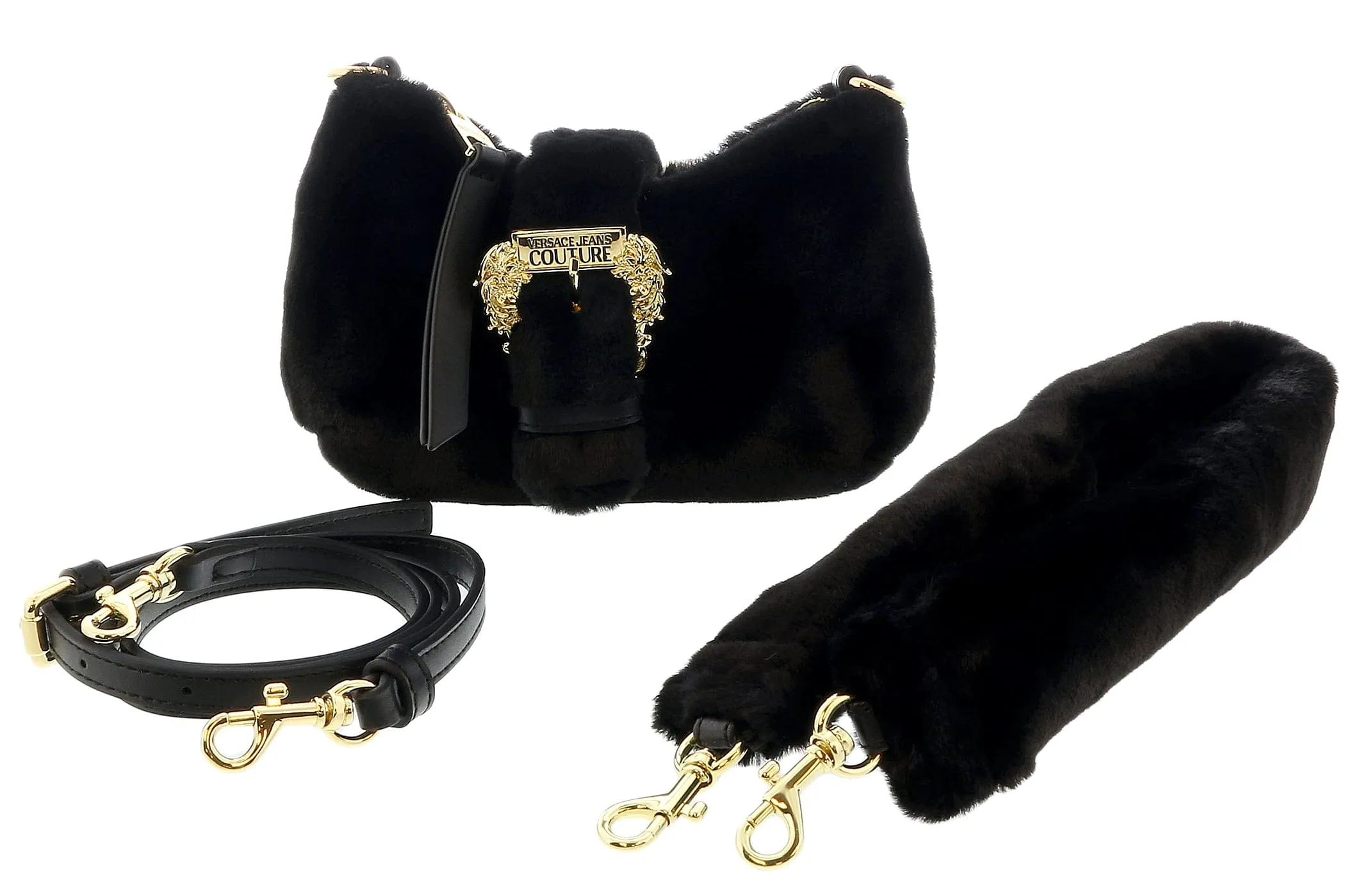 Versace Jeans Couture Black Faux Fur Baroque Buckle Mini Shoulder Bag
