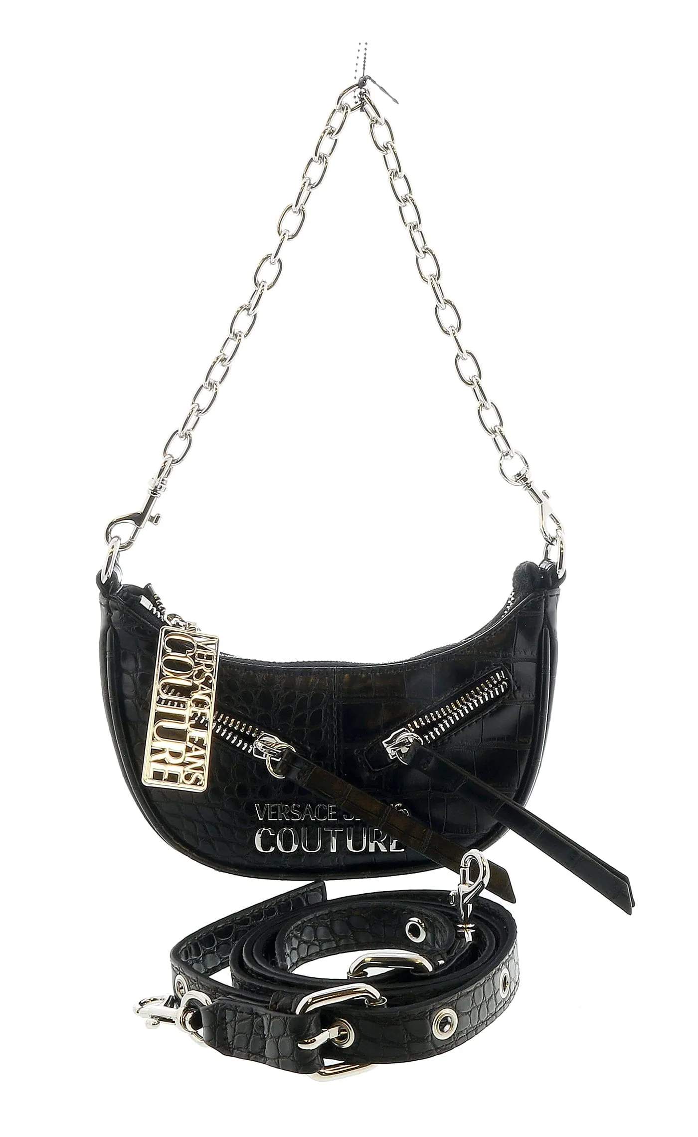 Versace Jeans Couture Black Half Moon  Embossed Zipper Hobo Bag