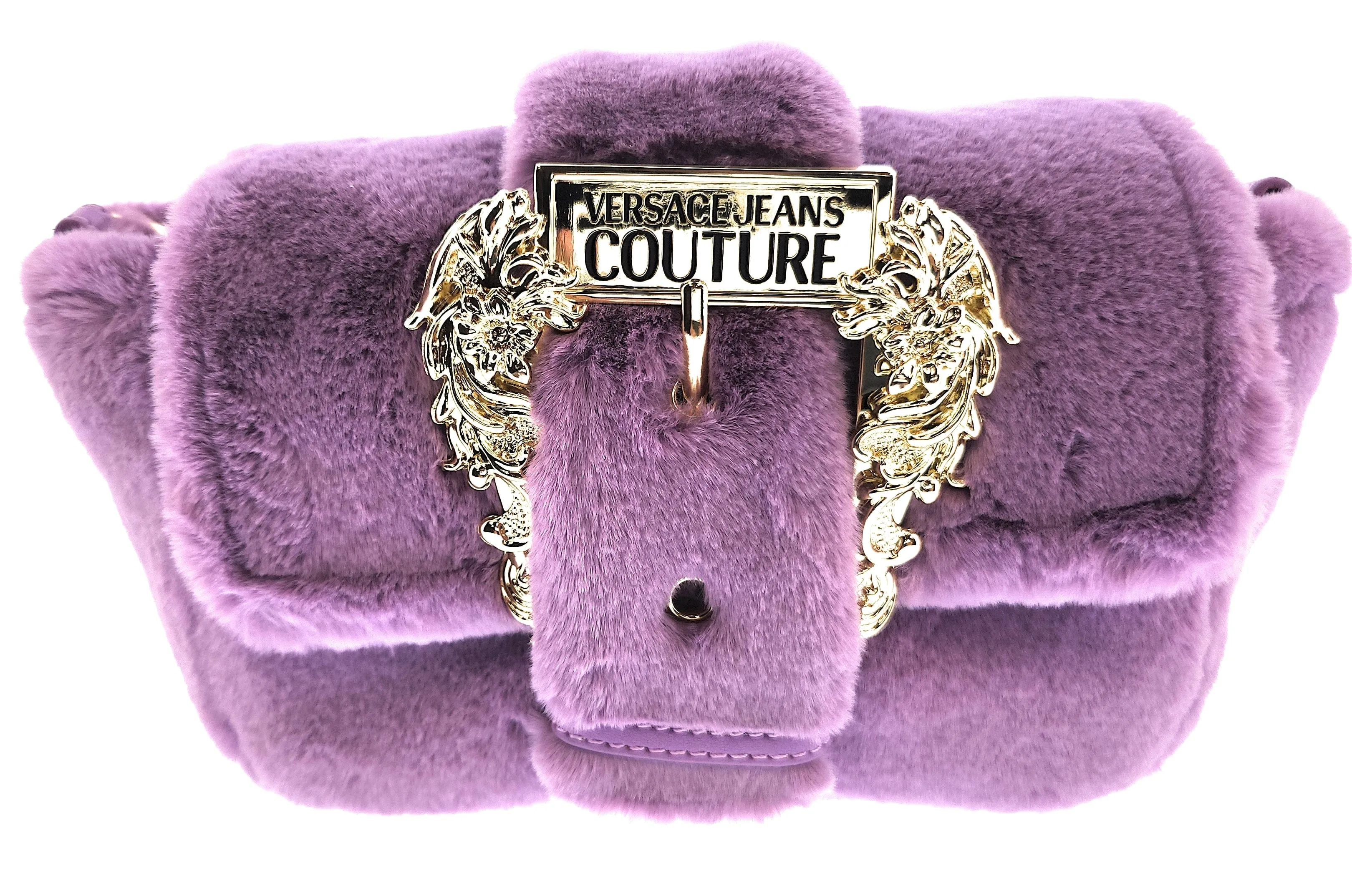 Versace Jeans Couture Lilac Faux Fur Baroque Buckle Crossbody Bag