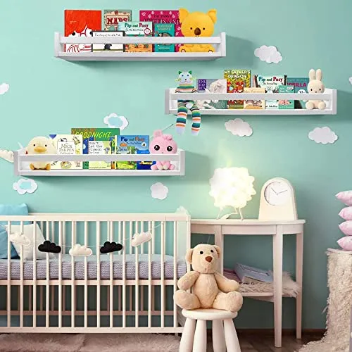 WooDinto Wooden Wall Shelves for Living Room, Bedroom | Wall Mounted Shelf | Wall Hanging Storage Unit | Wall Organiser Shelf (Floating Set of 3 - White - 24 Inch)