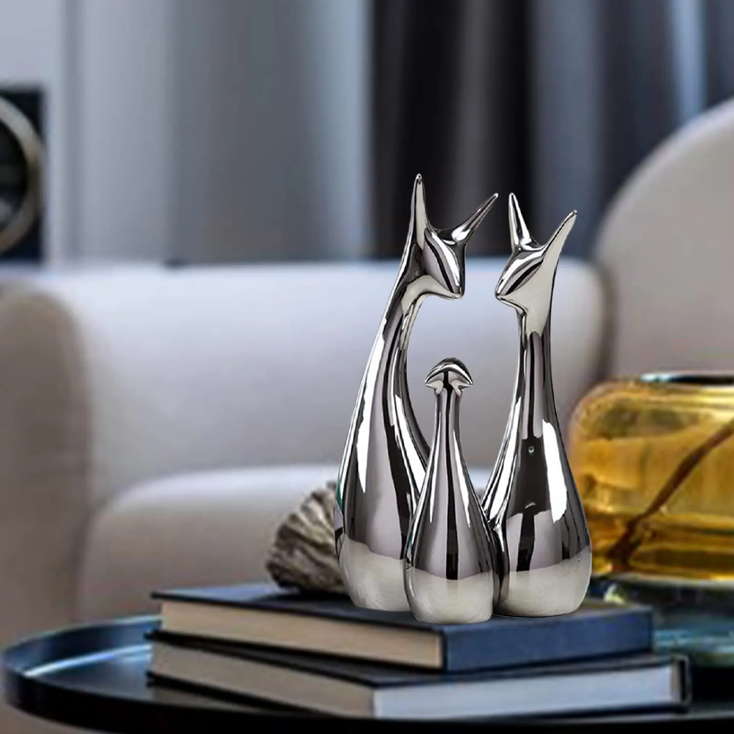 Xtore® Home Decor Lucky Silver Deer Statue Family Piano Finish Ceramic Figures - (Set of 3, Silver Set)